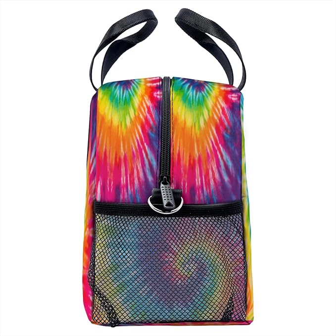Tye Dye rainbow colors Lunch Bag for Women Men Cute Large Capacity Thermal Lunch Tote Reusable Washable with Adjustable Shoulder Strap and Dual Large Mesh Side Pockets