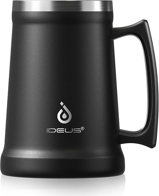 Ideus Insulated Beer Stein, 24/32oz Stainless Steel Double Walled Beer Mug Giant Bar Drinkware Metal Beer Cup with Big Grip Handle (24oz (710ml), Black)