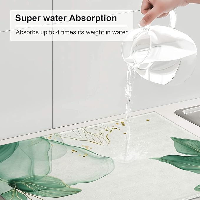 Watercolor Green Palm Leaves Dish Drying Mat 18x24 Inch, Microfiber Absorbent Fast Dry Mat Large Dish Mat Drying Kitchen Mat, Kitchen Drying Pad for Kitchen Counter Coffee Bar Decor Gifts