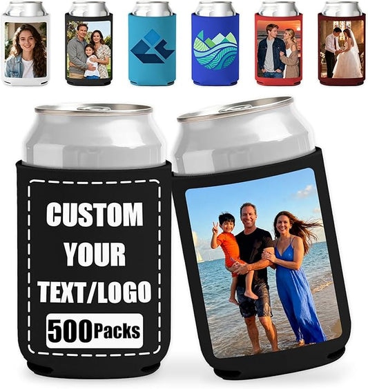 500 Pack Custom Can Coolers - Bulk Personalized Neoprene Beer Sleeves with Logo Text Photo Insulated Drink Holders for Weddings Parties Events