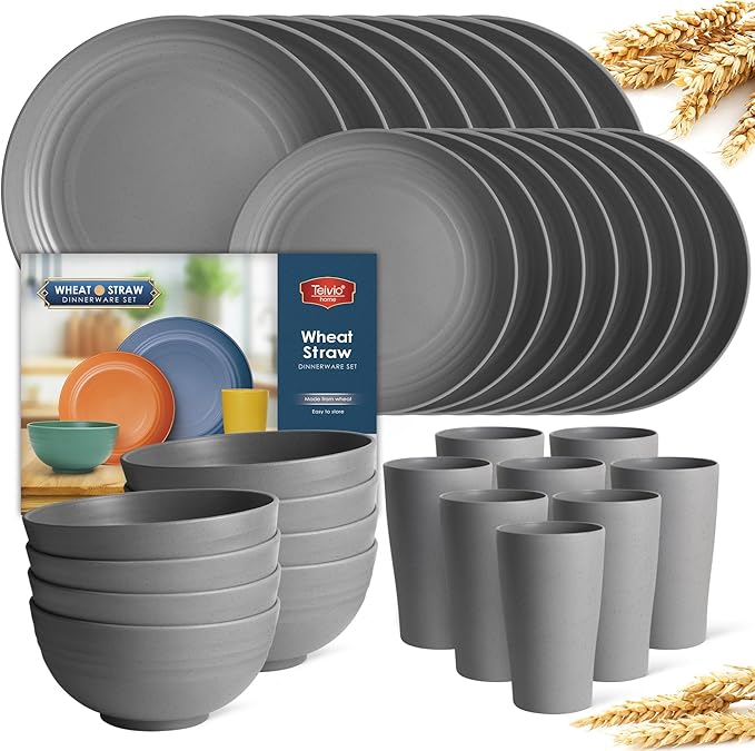 Teivio 32-Piece Kitchen Plastic Wheat Straw Dinnerware Set, Service for 8, Dinner Plates, Dessert Plate, Cereal Bowls, Cups, Unbreakable Colorful Plastic Outdoor Camping Dishes, Grey