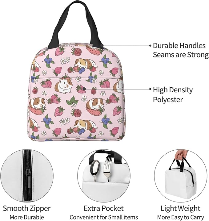 Strawberry Lunch Bag Guinea Pig Insulated Kawaii Lunch Box for Kids Women Men Reusable Pink Lunch Tote for School Office Work Picnic Hiking
