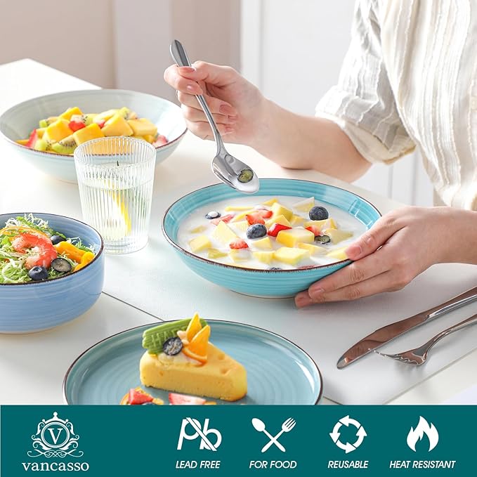 vancasso Bonita Dinnerware Sets 24 Pieces, Blue Stoneware Dishes Set for 6, Dinner Platers with Bowls Set, Dishwasher and Microwave Safe