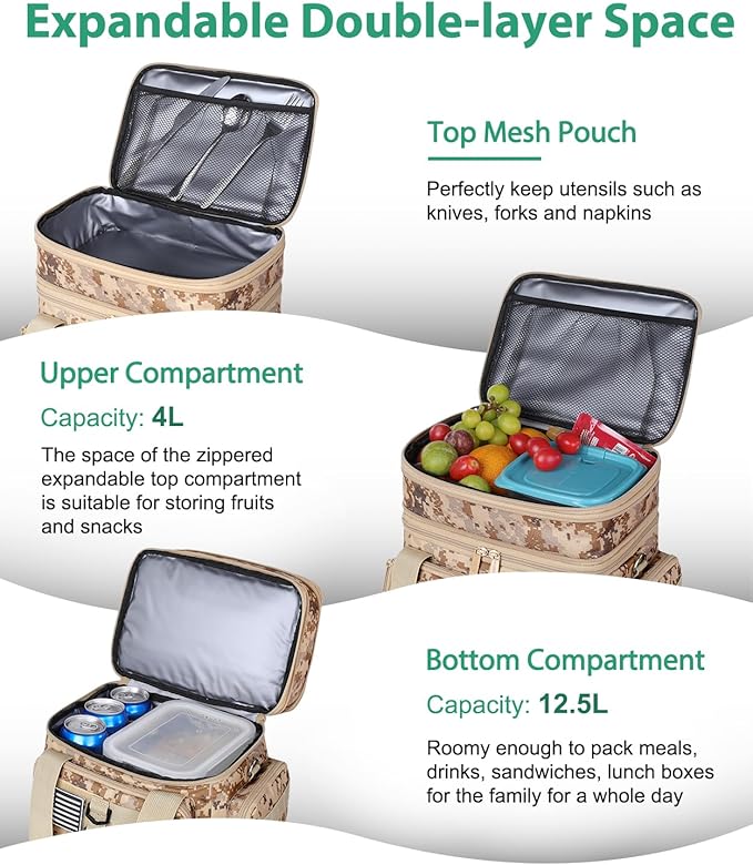 Tactical Lunch Box for Men, Large Insulated Lunch Bag for Adult, Heavy Duty Double Deck Expandable Lunch Cooler Bag with American Flag, Leakproof Soft Lunch Pail for Work Office Camping - Camo khaki