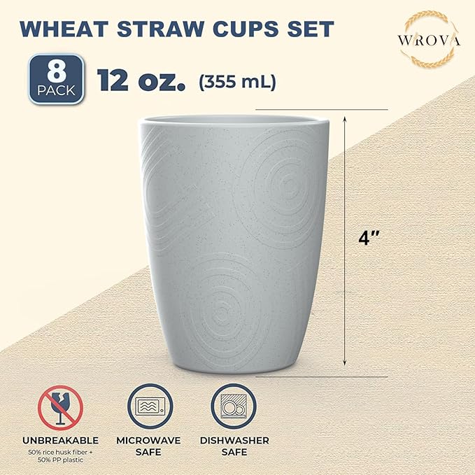 Wheat Straw Cups 8 PCS Good Alternative to Plastic Reusable Cups 12 oz Unbreakable Drinking Cup Reusable Dishwasher Safe Water Plastic Glasses Light Grey