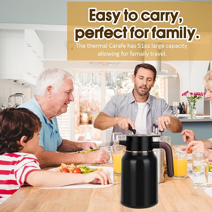 51oz Thermal Coffee Carafe, Stainless Steel Carafes for Hot Liquids 12 Hours, Insulated Coffee Carafes For Keeping Hot Coffee, Hot Water, Tea, Hot Beverage (Black)