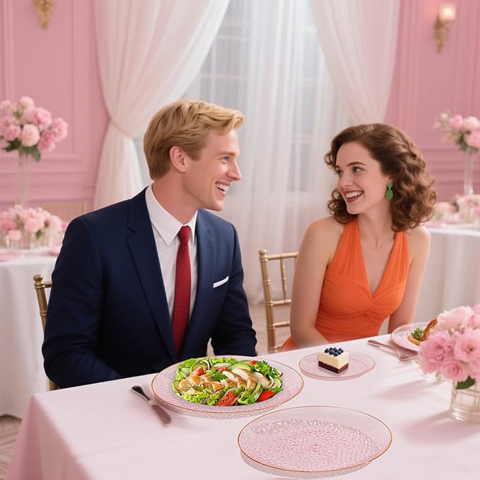 SUT 100Pcs Pink Plastic Plates, Hammered Plates Disposable Heavy Duty, Pink Disposable Plates With Gold Rim, Fancy Plastic plates Include 50 Dinner and 50 Dessert plates for Wedding