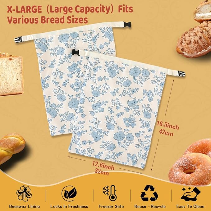 Bread Bags for Homemade bread,2 Pack Sourdough Bread Bags,Beeswax Bread Bags for Bourdough,Reusable Bread Storage