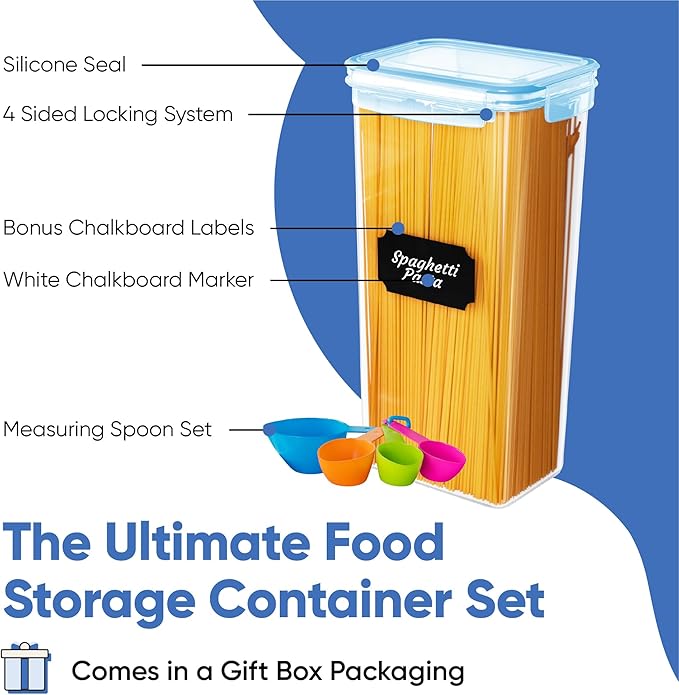 Chef's Path Airtight Food Containers with Lids (24 Pack - Blue) Kitchen Pantry Organization - BPA Free Food Storage Organizers for Cereal, Brown Sugar, Dry food - With Marker, Labels & Spoons