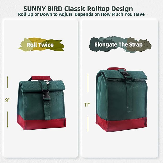 SUNNY BIRD Insulated Lunch Bag Rolltop Lunch Box Tote Lunchbox Bag for Women, Men, Adults and Teens (Green)