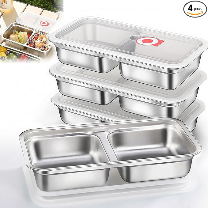 4 Pack Reusable Stainless Steel Snack Containers with Lids, Double Compartment Grab and Go Snack Food Storage Durable Portable for Adults Travel and Outdoor Camping Lunch Snack Boxes