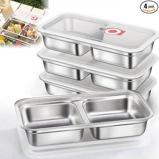 4 Pack Reusable Stainless Steel Snack Containers with Lids, Double Compartment Grab and Go Snack Food Storage Durable Portable for Adults Travel and Outdoor Camping Lunch Snack Boxes