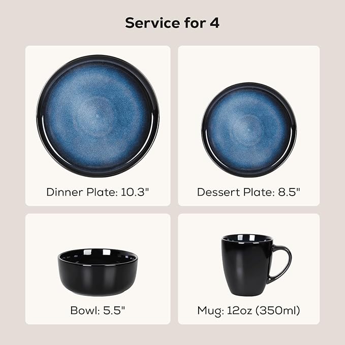 Romswi Dinnerware Set Stoneware Plates and Bowls Sets with Mugs, Chip & Scratch Resistant Dish Set, Handmade Reactive Glaze, Oven,Microwave and Dishwasher Safe, Dreamy Moonlight-Blue for 4,16 pcs