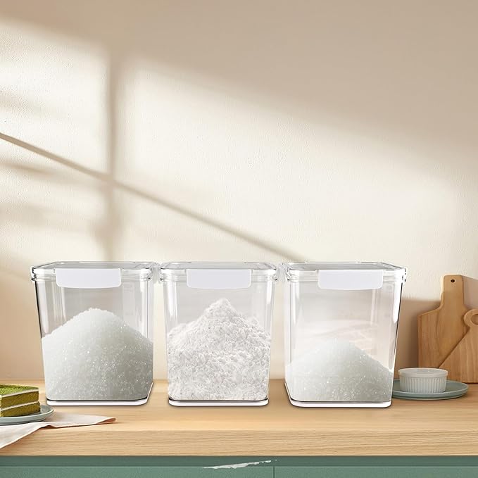 Set Of 3 Large Food Storage Jars 4L - Airtight Containers with Lids,Sugar and Flour Containers Set with Spoon,Kitchen Canisters for Sugar,Flour, Coffee,Pantry Organization Keeper(Clear-3 Pack)