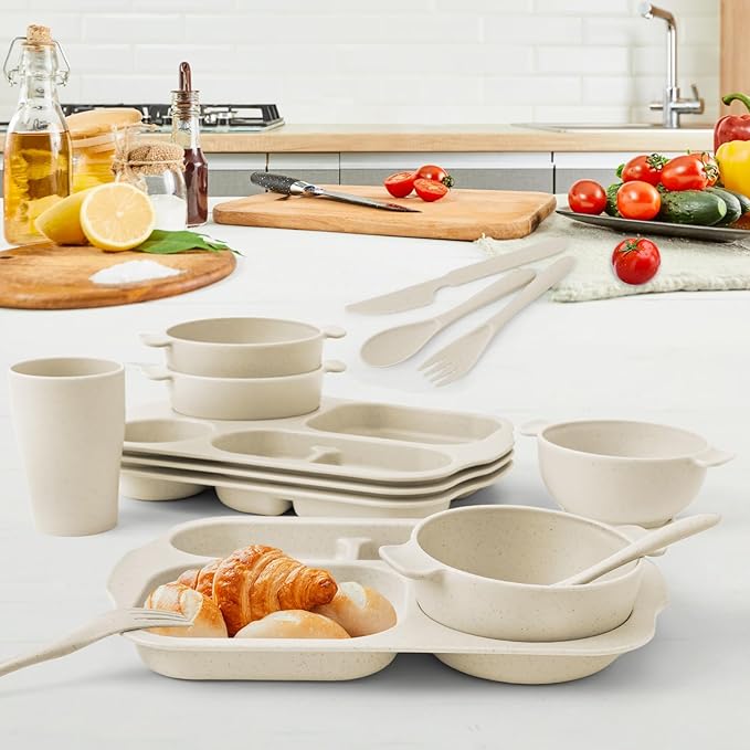 24 Pcs Wheat Straw Dinnerware Cutlery Set, Unbreakable Tableware Set, wheat straw dinnerware sets, Bowls, Cup, Cutlery Spoons Knifes Forks, BPA Free, Microwave Dishwasher Safe (Beige)