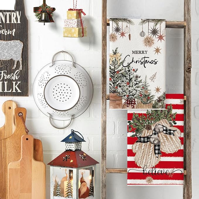 Artoid Mode Red Xmas Tree Merry Christmas Kitchen Towels Dish Towels, 18x26 Inch Holiday Gloves Ball Hello Winter Decoration Hand Towels Set of 4