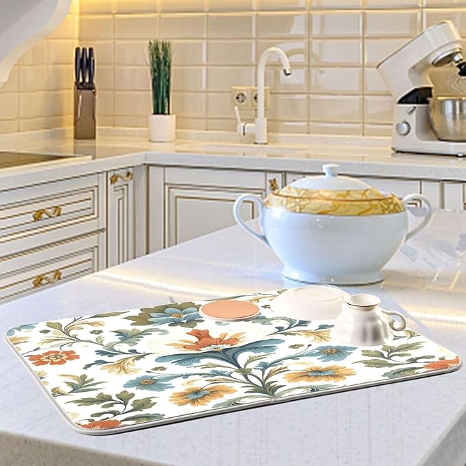 Vintage Colorful Flowers Dish Drying Mat for Kitchen Counter Super Absorbent Dishes Pad Reversible Microfiber Protector Dish Draining Mats 18x24 inch
