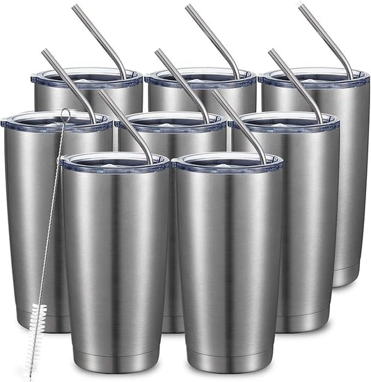 COMOOO 20oz Stainless Steel Tumbler Bulk Double Wall Vacuum Coffee Cup Insulated Travel Mug with Lid and Straw Durable Powder Coated Insulated Coffee Cup for Cold & Hot Drinks (silver, 8 pack