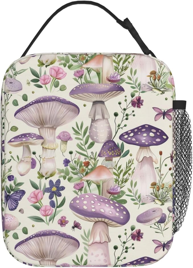 Reusable Purple Mushroom Lunch Box for Kids Girls Boys Women Adult, Insulated Butterfly Lunch Bag,Polyester Cooler Boho Handbags Case for School Picnic Work Travel Beach or Hiking