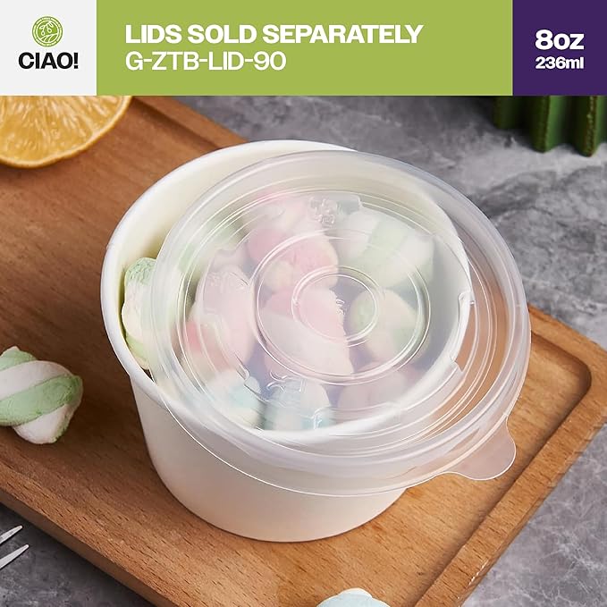 CIAO! 8OZ Disposable White Paper Food Container, 90mm Diameter, Lids Sold Separately (1000/case)