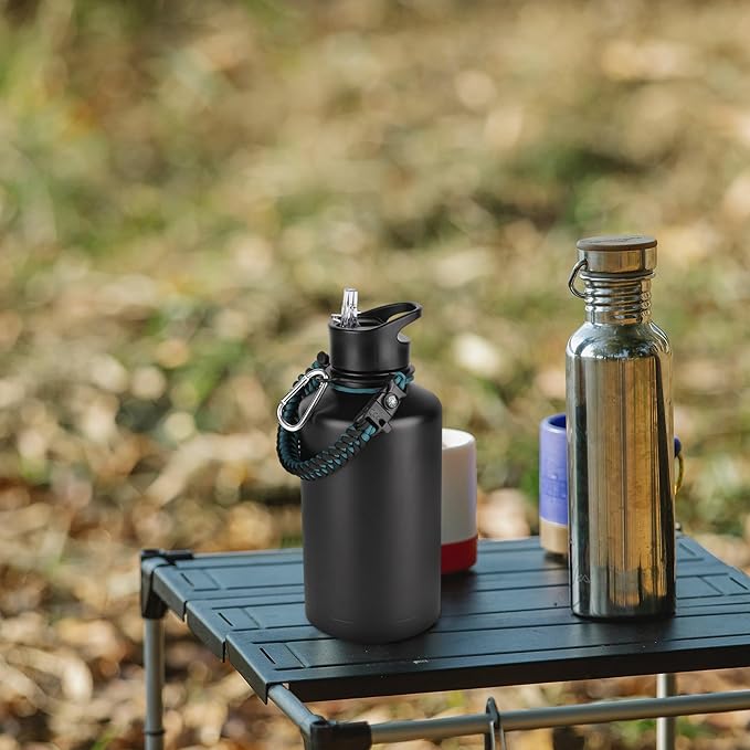 64 oz Insulated Water Bottle with Straw & Spout Lids, Stainless Steel Metal Half Gallon Water Jug with Paracord Handle, Double Wall Vacuum, Leakproof, Keep Drinks Cold & Hot, Black