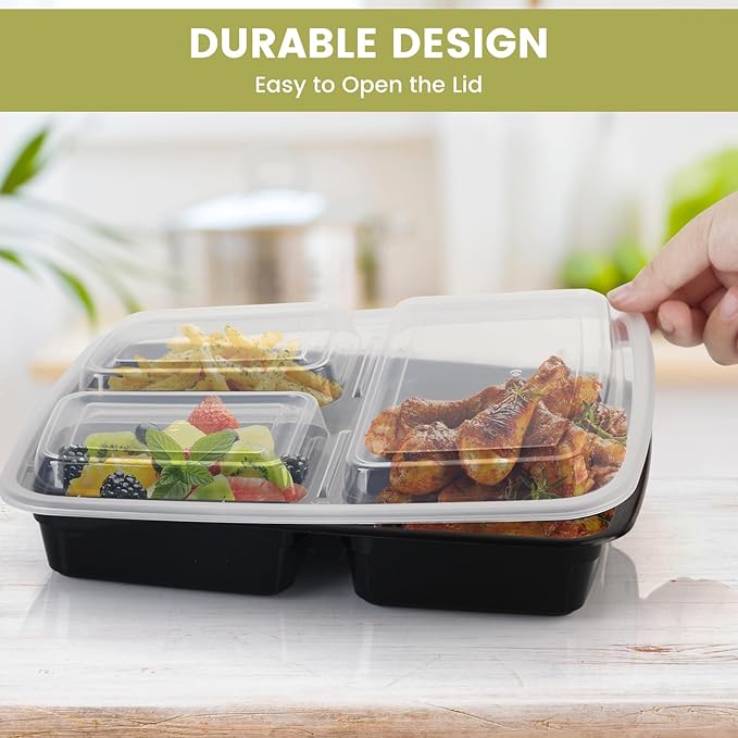 32oz Meal Prep Containers 3 Compartment: 20 Pack Plastic To Go Food Containers Reusable, Leakproof Food Storage with Lids for Takeout, BPA-Free, Microwave/Dishwasher/Freezer Safe