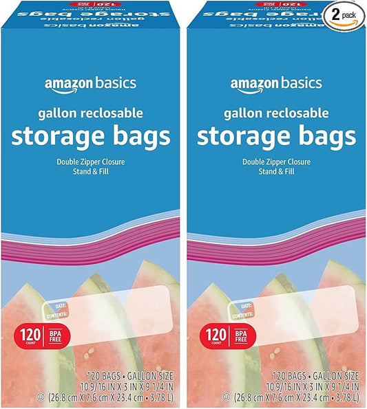 Amazon Basics Reclosable Gallon Food Storage Bags, Stand &Fill Base, 120 Count (Pack of 2)