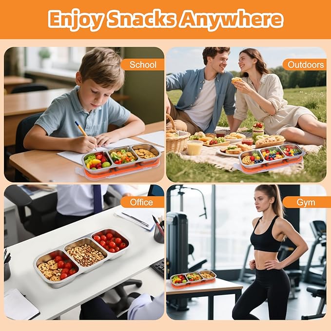 Stainless Steel Snack Containers with Lids, Reusable Condiment Storage Box, Divided Food Storage for School, Home, Travel, Multiple Compartment Leak-Proof Box (‎2 Compartment 3PCS)