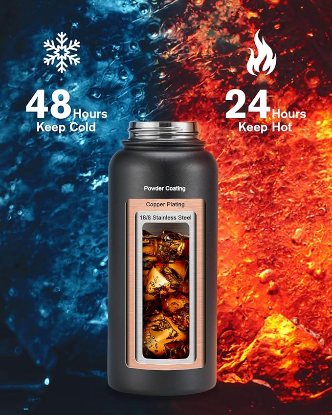 32oz Insulated Water Bottle,Stainless Steel Vacuum Water Bottle, BPA-Free & Leakproof -with Paracord Handle,Strap,Straw Spout Lids,Large Water Jug for Gym Sports