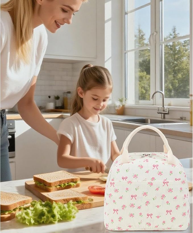 BTOOP Lunch Box for Women Men Cute Corduroy Lunch Bags Large Capacity Insulated Lunch Tote Bag For Work Travel Or Picnic (Pink Bow Floral)