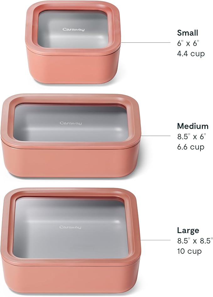 Caraway 3pc Glass Food Storage Set - 10, 6.6, & 4.4 Cup Containers - Ceramic Coated - Non-Toxic Non-Stick Lunch Box With Glass Lids - Dishwasher, Oven, & Microwave Safe - Perracotta