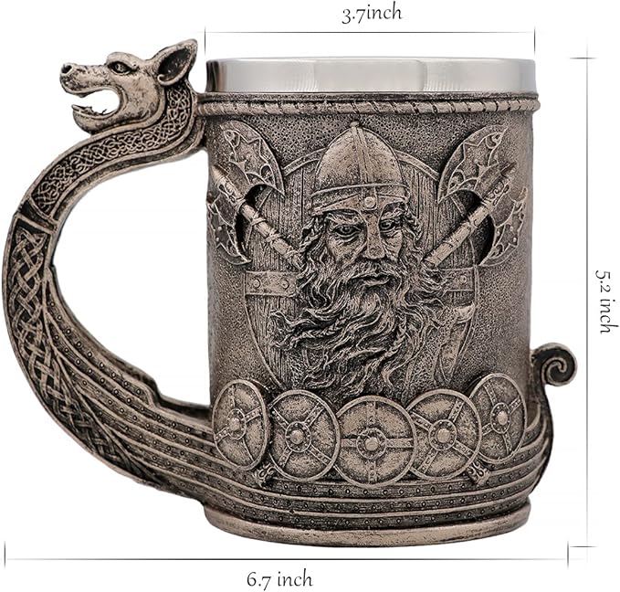 Medieval Viking Mug Beer Stein Tankard,Stainless Steel Drinking Tankard Mug Coffee Cup,Norse Mythology Poetic Gothic Decor Party Decoration Drinkware Gift for Men18OZ(Drakkar Warrior)
