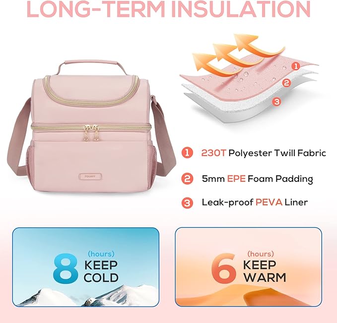 TOURIT Insulated Lunch Bag with Dual Compartment, Leakproof Cooler Tote for Work Office Picnic, Thermal Food Container Pink