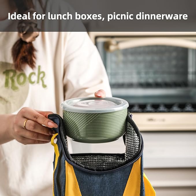 Ceramic Nesting Bowls with Lid: Microwave Safe Food Storage Containers for Work Lunch Picnic Camping Meal Prep Soup Salad Cereal Leftovers - 5 & 6 Inch, 20 & 32 oz, Set of 4, Green