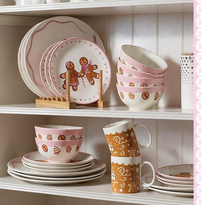 16 Pcs Pink Gingerbread Man Christmas Dishes Dinnerware Set for 4 Guest Holiday Dinner Plate Ceramic Pastel Christmas Salad Plate Gingerbread House Bowl Mug Xmas Gift Holiday Party Kitchen Decoration