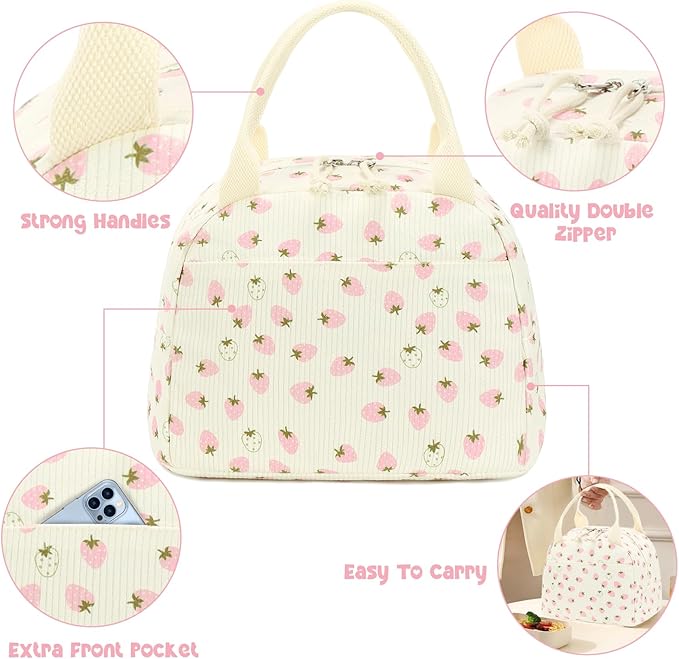 Bluboon Lunch Bag for Women Men Cute Corduroy Lunch Tote Bags Reusable Insulated Lunch Box Large Capacity Reusable Insulated Cooler for Work Picnic or Travel (Beige strawberry)