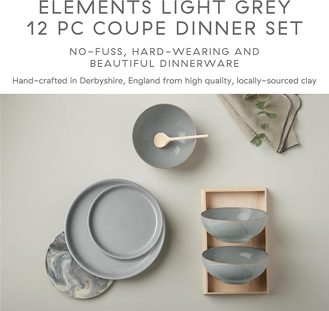 Denby - Elements Light Gray Dinner Set For 4-12 Piece Coupe Simple Ceramic Stoneware Tableware Set - Dishwasher Microwave Oven Safe - Scratch Chip Resistant