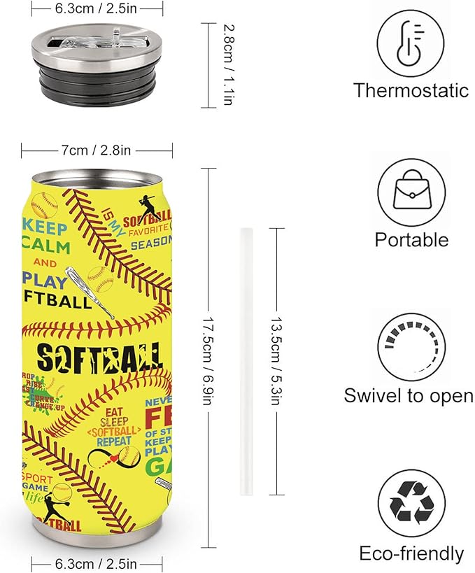 Softball Tumbler Cup With Lid - Travel Mug, Birthday Gift for Softball Lovers - Stainless Steel Vacuum Coffee Cup for Women Men, 17 Oz