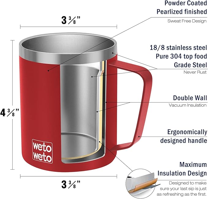 WETOWETO 14 oz Coffee Mug, Vacuum Insulated Camping Mug with Lid, Double Wall Stainless Steel Travel Tumbler Cup, Coffee Mugs Outdoor, Powder Coated Harvest Red