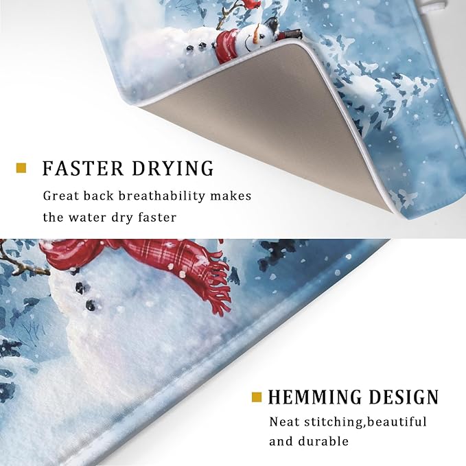 Blue Snowman Dish Drying Mat Winter Pine Tree Drainer Rack Mats 18x24 Inch Absorbent Fast Dry Dish Pad Protector Kitchen Counter Accessories