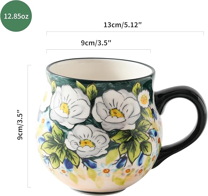 ALMA 2025 Updated Ceramic Fall Coffee Mug 12oz/380ml,Flower Mug,Uniuque Handmade Tea Cup For Festival,Microwave Oven Safe(Spring Jasmine,Medium)