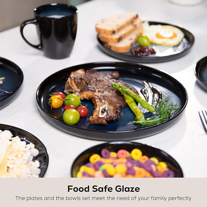 Romswi Dinnerware Set Stoneware Plates and Bowls Sets with Mugs, Chip & Scratch Resistant Dish Set, Handmade Reactive Glaze, Oven,Microwave and Dishwasher Safe, Dreamy Moonlight-Blue for 4,16 pcs