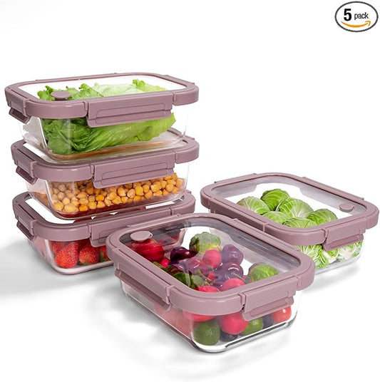 5-Pack Borosilicate Glass Containers with Tempered Lids, 35.2oz/4.4 Cup Airtight Meal Prep Set, Microwave/Freezer Safe (Pink)