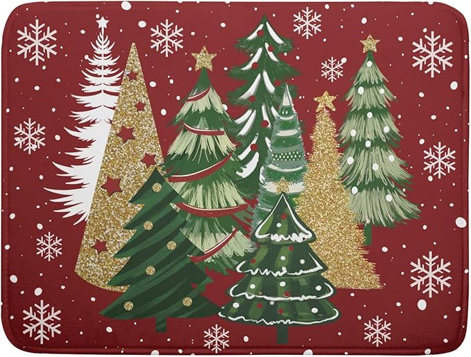Christmas Dish Drying Mats 18x24, Farmhouse Gold Green Red Xmas Pine Trees Winter Holiday Washable Microfiber Absorbent Dishes Drainer Rack Pad for Coffee Machine Bar Sink Counter