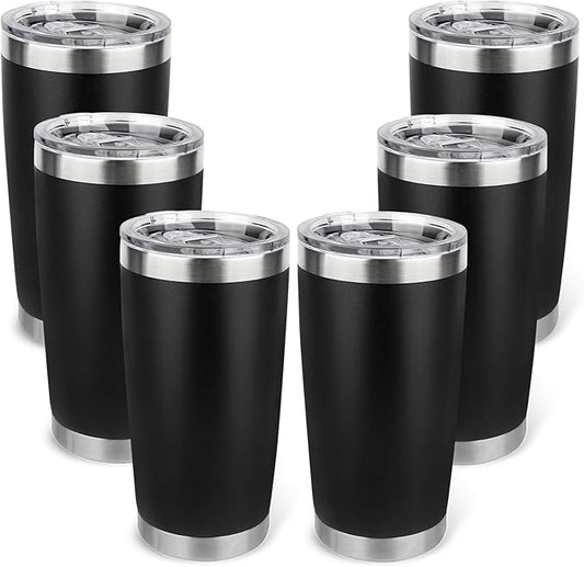 20oz Stainless Steel Tumbler Bulk with Lid, Travel Mug - Double Wall Vacuum Powder Coated Cup - Black, 6 Pack
