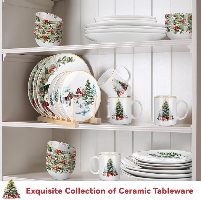 16 Pcs Snowman Christmas Dishes Dinnerware Set of 4 Guest Holiday Dinner Plates Ceramic Vintage Christmas Salad Plates Holly Ivy Bowl Mug Serving Dishes Gift for Xmas Village Tree Kitchen Decoration