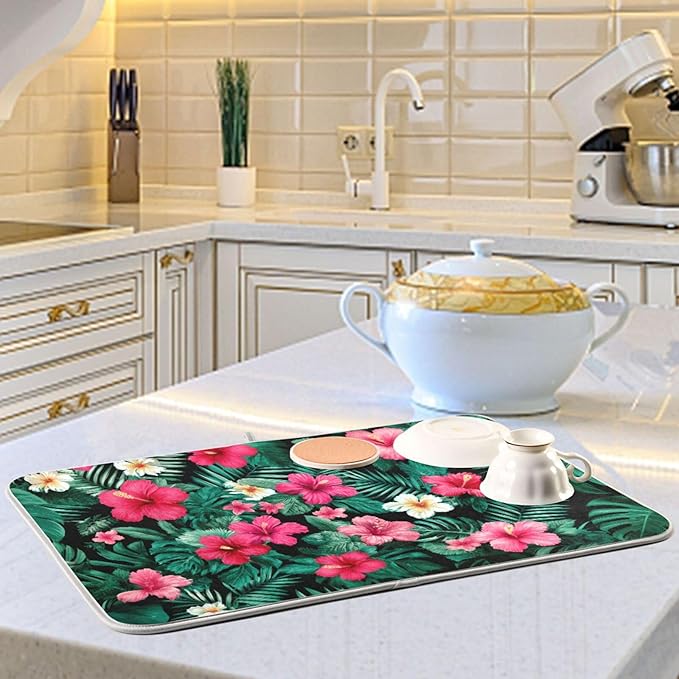 Tropical Flowers Leaves Pattern Dish Drying Mat for Kitchen Counter Super Absorbent Dishes Pad Reversible Microfiber Protector Dish Draining Mats 16x18 inch