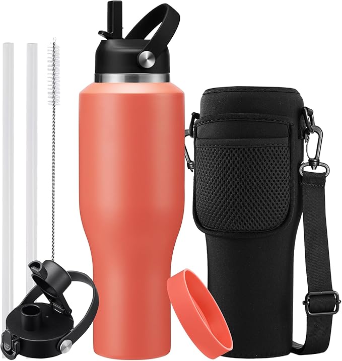 Vacuum Insulated Water Bottle 40oz - w/Straw Lid & Spout Lid,Leak-Proof Insulated Thermal Cups w/Carrier Pouch with Strap & Protective Boot, Thermo Coffee Flask Fit in Bike Car Cup Holder