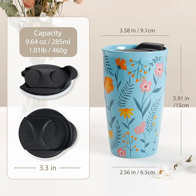 ANTIS'S HOME Ceramic Travel Coffee Mug, Double Wall Blue Floral Tumbler 9.6oz, Microwave & Dishwasher Safe, Splash-Resistant, Reusable Coffee & Tea Cup
