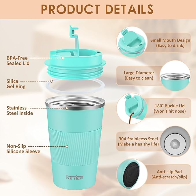 KETIEE Travel Mug 12oz: Vacuum Insulated Coffee Mug with Leakproof Lid, Travel Coffee Mug, Stainless Steel Double Walled Reusable Coffee Cup for Hot and Iced Coffee Tea Water (Blue)